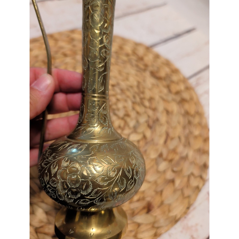 Vintage Cobra Head Brass Pitcher Vase 11" Tall Etched Leaf Floral Design India - Picture 7 of 9